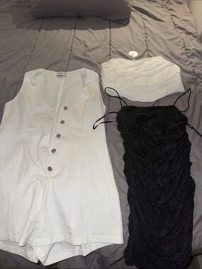 Princess Polly Black Sparkle Ruched Mini Dress & White Button Romper Set